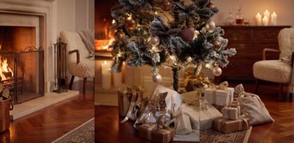 Cadeaux de Noël pour la maison emballés et posés près d'un sapin