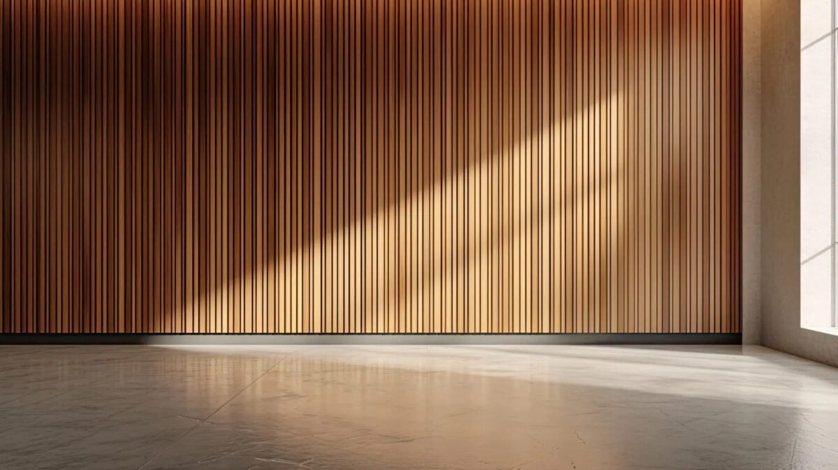 Mur de salon habillé d'un bardage bois intérieur aux lames verticales