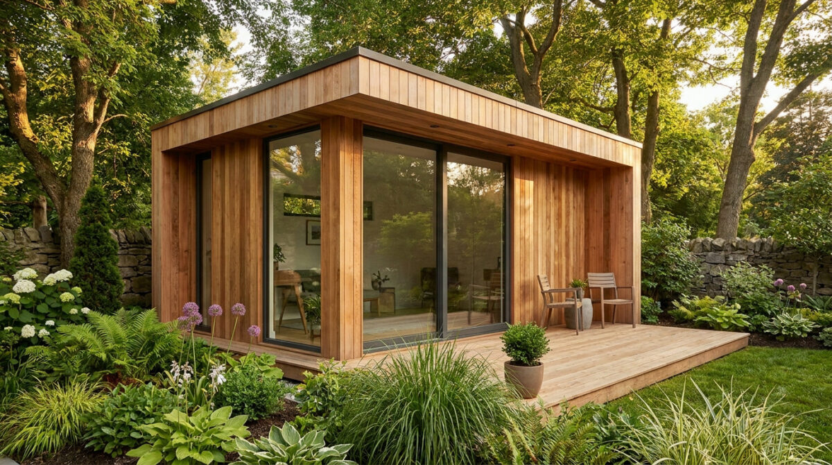 Studio de jardin Greenkub en ossature bois installé au fond d'un jardin