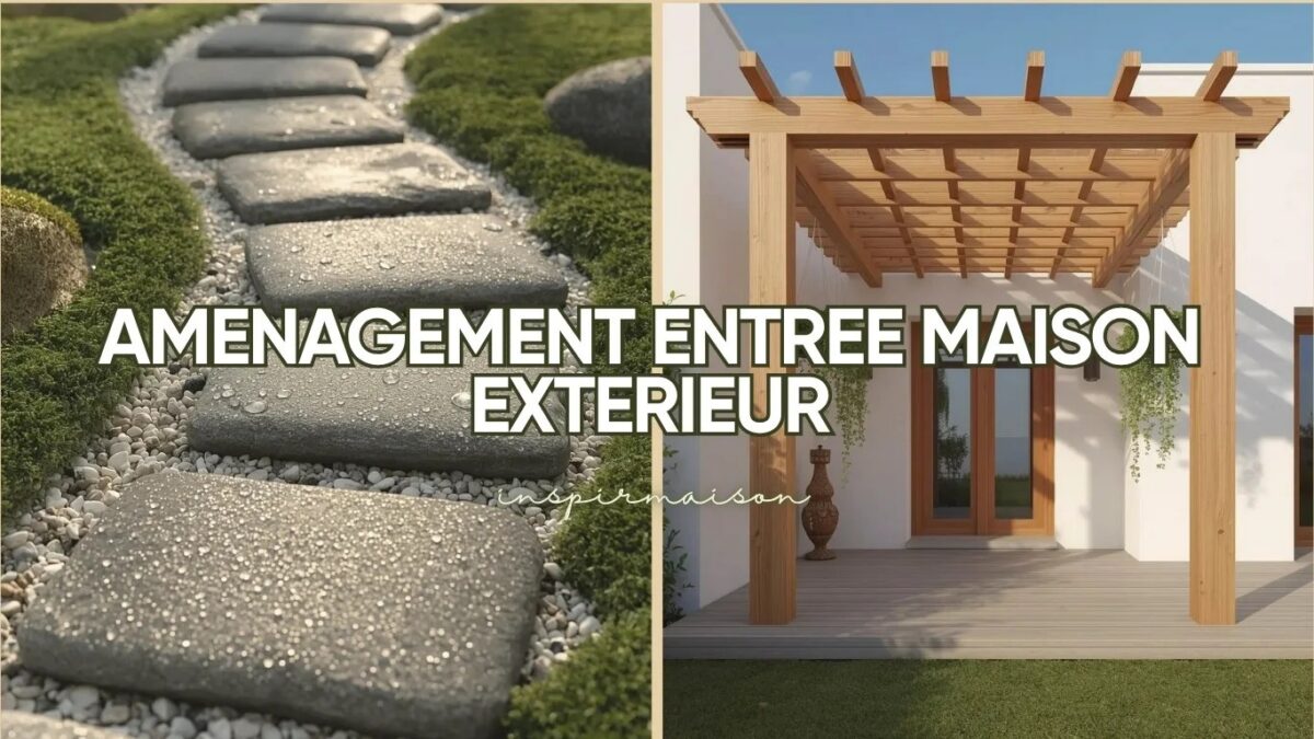 Entrée de maison aménagée avec allée en pavés, massif de vivaces basses et éclairage de cheminement.
