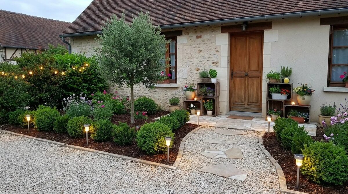 Entrée de maison aménagée avec une allée en gravier, des bordures nettes et un massif de vivaces
