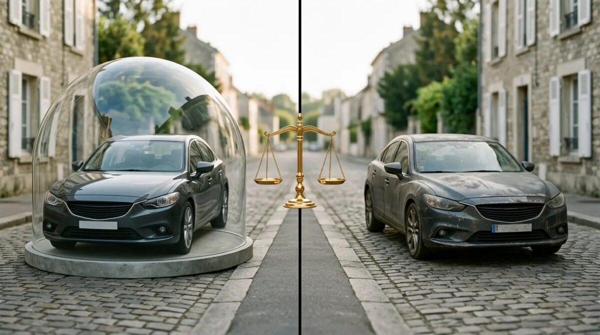 Conductrice comparant les garanties d'une assurance automobile devant sa voiture